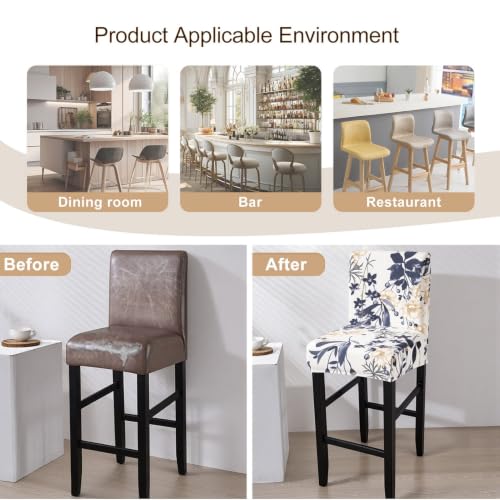 Image of SearchI Bar Stool Covers Set of 4, Stretch Washable Barstool Seat Covers, Counter Height Chair Covers for Kitchen Dining Room Cafe (Blue Flower)
