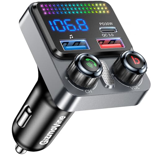 GizmoVine Bluetooth 5.4 FM-Transmitter Auto, 48W Autoladeadapter [3 Ports: PD 30W + QC3.0 18W], Deep Bass, Freisprechanrufe, Sprachassistent, kabellose Musik, USB-Stick, 12V/24V Fahrzeuge