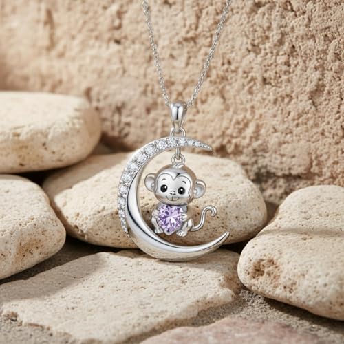 Image of PROESS Animal Birthstone Necklace 925 Sterling Silver Otter /Axolotl /Hippo /Elephant /Dachshund /Monkey /Red Panda Pendant Necklace Animal Birthstone Jewelry Gifts for Women