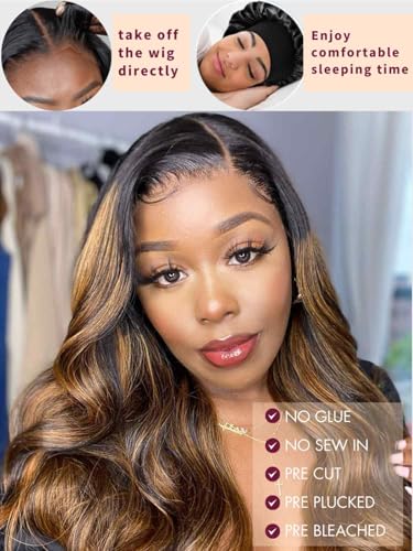 Image of Beauty Forever 7x5 Bye Bye Knots 2.0 Balayage Brown Highlight 3D Body Wave Lace Front Wig Put on and Go Glueless Drawstring Wigs with Pre-Bleached Pre Plucked Pre Cut HD Lace Wig 150% Density 16 Inch