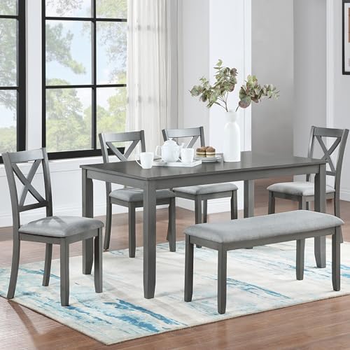 Image of Harper & Bright Designs 6-Piece Dining Table Set with 4 Upholstered Chairs & Bench, 58.5 inch Rectangular Solid Wood Frame Table, Dining Table Set for 6 People, Living Room, Home Bar and Kitchen,Grey