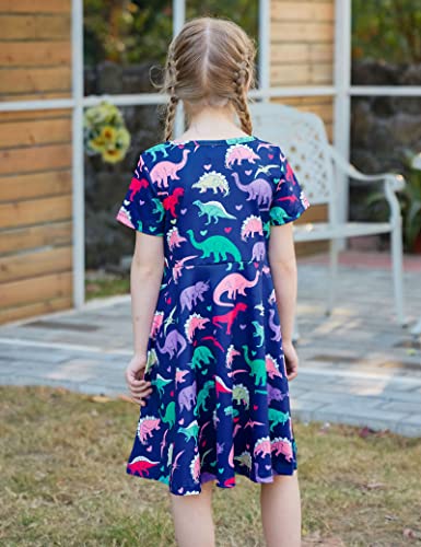 Toddler Girls Short Sleeve Dress Navy Blue Dinosaur Print Dress Animal World Pattern Summer Dress Casual Swing Holiday Birthday Theme Party Sundress Toddler Kids Twirly Skirt 6-7 Years #TOP7