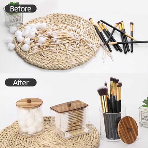 Image of Tbestmax 4 Pack Qtips Dispenser Bathroom Container, 10 /12 oz Big Cotton Ball Holder, Apothecary Jar Organizer for Storage Cotton Swab, Round Pads, Floss Picks (Wood Lids)