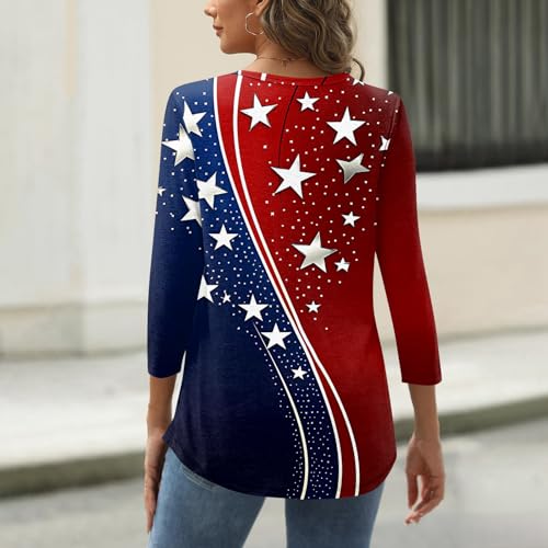 Image of 4th of July Shirts Women 3 /4 Length Sleeve Womens Tops Henley Neck Casual Patriotic T Shirts