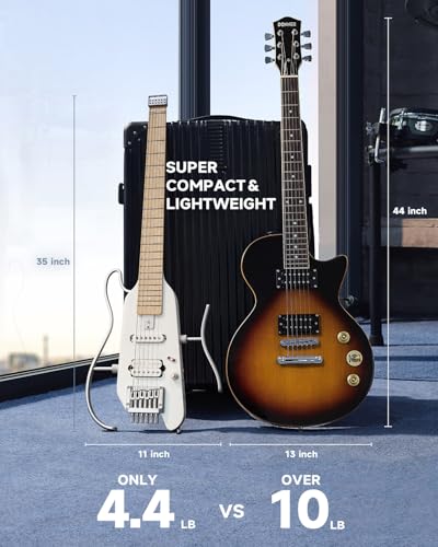 Image of Donner HUSH-X Electric Guitar Kit - Featherlight Travel Guitar with Easy Assemble Stands, Great for Travel and Practice, Mahogany Solid Body, Gig Bag, All Accessories, Metallic White