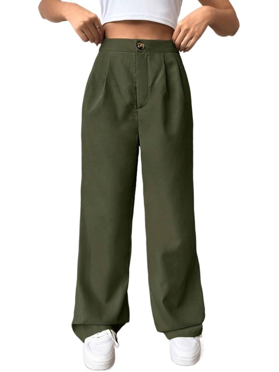 Womens Fall Solid Color Pleated Straight Leg Pants Trousers