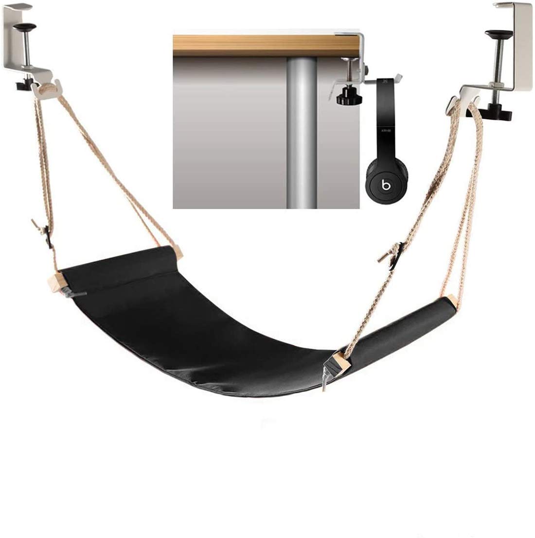 ELECDONFoot Hammock Ergonomic Foot Rest Portable Adjustable Desk Hammock Stand for Home Office with Headphones Holder Black Adjustable Height Flight Carry on Foot Rest Hammock Wrap