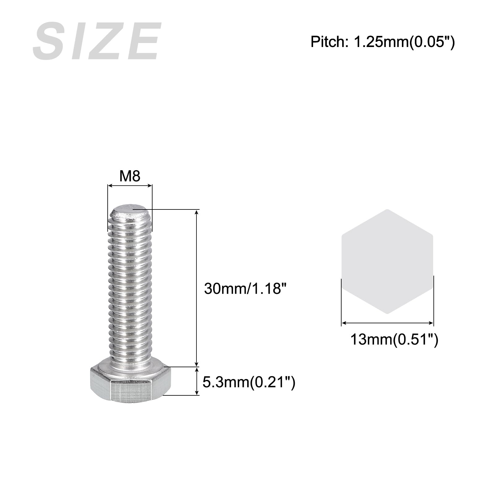 METALLIXITY Hex Bolts (M8-1.25x30mm) 20Pcs, 304 Stainless Steel Coarse Fully Threaded Hex Head Screw Bolt Machine Screws - Image 2