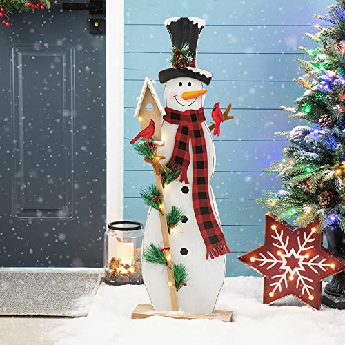 Image of Glitzhome 36 inch H Lighted Wooden Christmas Snowman Porch Sign Standing Snowman with Birdhouse Porch Decor Rustic Merry Christmas Welcome Sign Holiday Party Outdoor Indoor Xmas Decorations