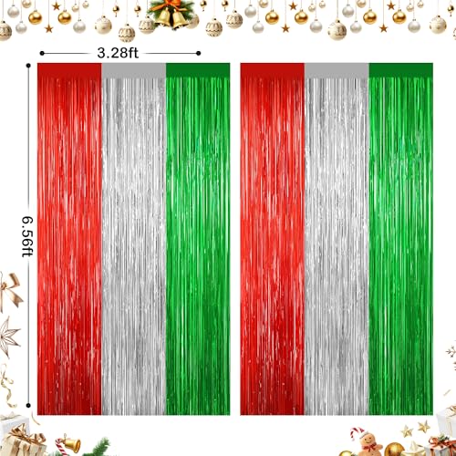 Image of 2 Pack Christmas Backdrop, Red Silver Green Party Streamer, Metallic Xmas Backdrop Fringe Curtains Foil Tinsel, Christmas Decorations Wall Decor Streamers Photo Booth Props