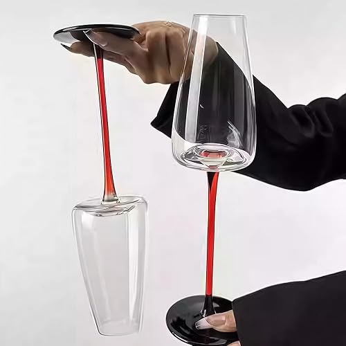 Miniatura 4 de RYUHYF Copas de champán (8.6 onzas), tallo rojo largo, base negra, cuerpo elegante, juego de 2 copas de vino de cristal de lujo, sopladas a mano,