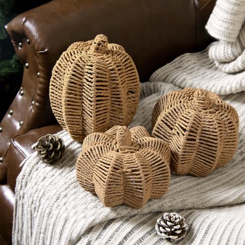 Geelin 3 Pcs Neutral Fall Decor Wicker Rattan Pumpkins 3 Sizes Faux Woven Pumpkin Centerpiece Handmade Crafts for Autumn Thanksgiving Harvest Table Runner Mantel Home Office Party Decor