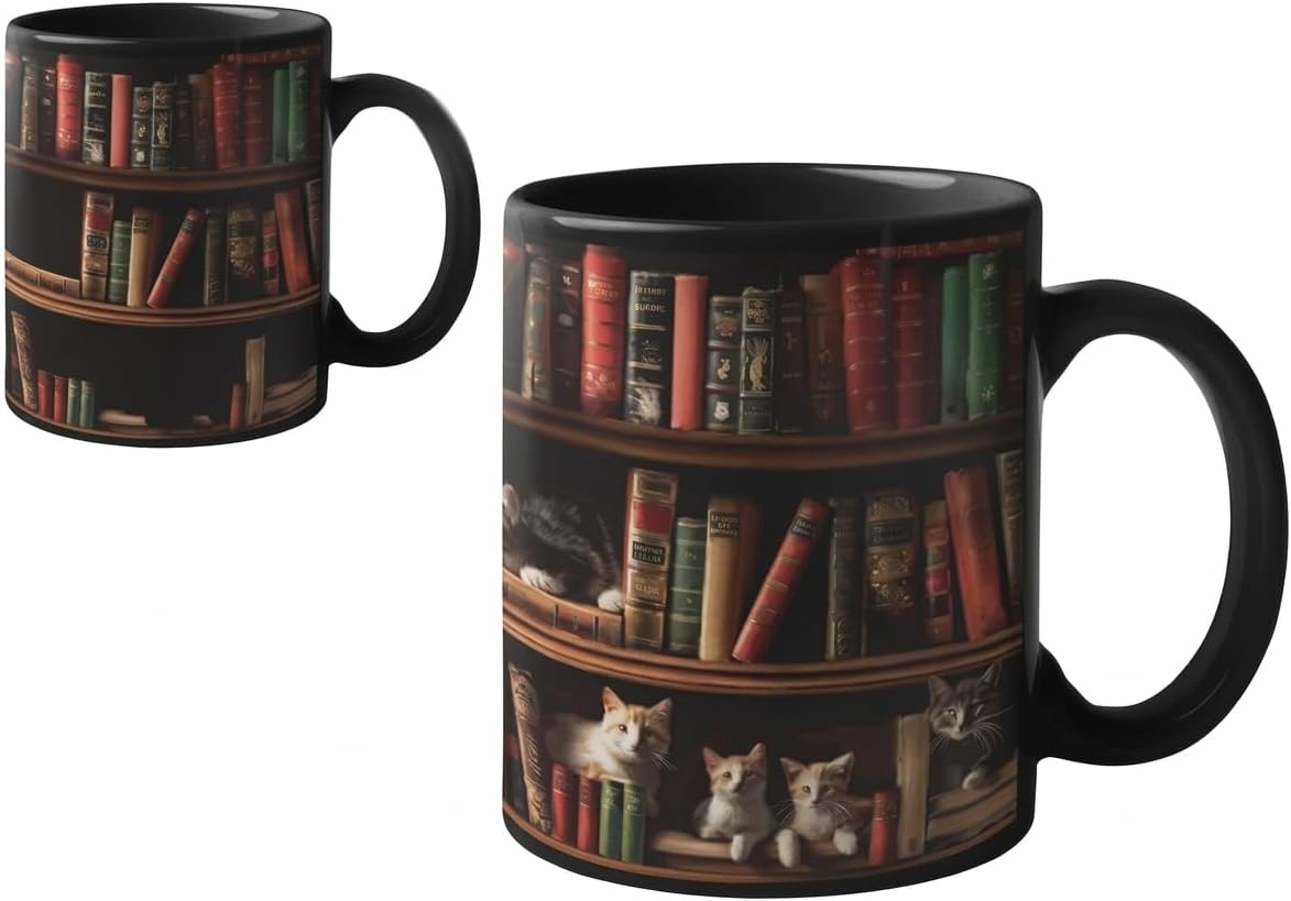 Onebttl Cat Gifts Coffee Mug, Heat Sensitive Magic Mug for Book Lovers, Friends on Birthday, Christmas, Funny Bookish gifts, 12oz
