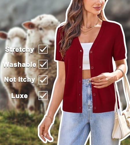 Image of Arach&Cloz Women's Wool Blend Short Sleeve Lightweight Cardigan Business Casual Summer Sweaters Tops