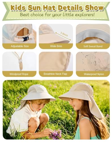 Image of Rosoz Kids Sun Hat with Neck Flap UV Protection Summer Toddler Beach Hat Unisex Ponytail Hat Wide Brim Fishing Hat