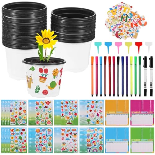 byepica 48-Set Garden Pot Craft Kit with Flower Pots, Stickers, Growth Charts, and Markers for Kids, DIY Planting and Growing Tools, Includes Labels and Watercolor Pens