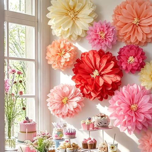Image of Geyee 18 Pcs Mexican Paper Flowers Colorful Fiesta Tissue Paper Flowers Pom Poms Mexican Carnival for Floral Party Backdrop Wedding Birthday Party Craft(Pink Series,12 inch 14 inch 20 inch)