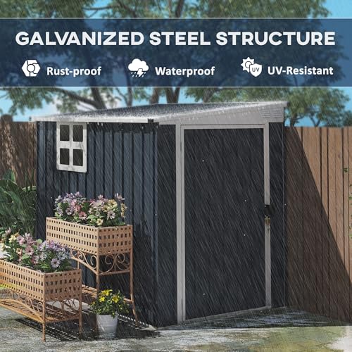 Outsunny 4 x 6ft Outdoor Garden Storage Shed, Metal Shed with Window, 2 Vents and Lockable Door for Garden, Patio, Dark Grey - Image 5