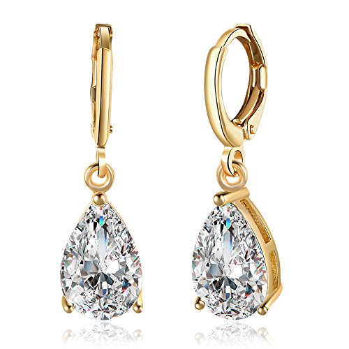 14K Gold Plated Teardrop Cubic Zirconia Dangle Drop Small Hoop Earrings For Womens Oval Dangling Wedding Hypoallergenic Fashion Elegant Diamond Jewelry Gifts Bridesmaid
