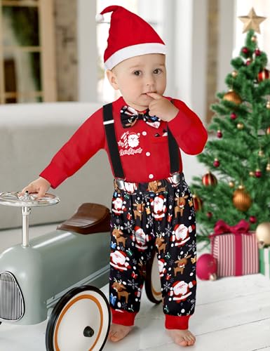 Baby Boy Christmas Outfit My First Christmas Infant Gentleman Romper with Bow Tie Suspender Pants Hat 3PCS Set2
