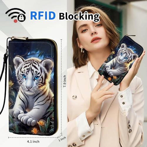 Women's Wallets,PU Leather Wristlet Wallet for Women,Card Holder Organizer Ladies Clutch with Zipper & Phone Holder-Cute White Tiger2