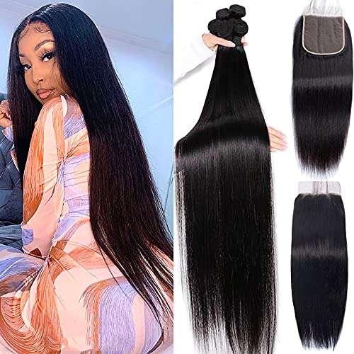 Vipbeauty Straight Human Hair Bundles With Closure 20 22 24 inch 3 Bundles With 18 inch Lace Closure Free Parting Brazilian Unprocessed Virgin Human Hair Weaves Extensions