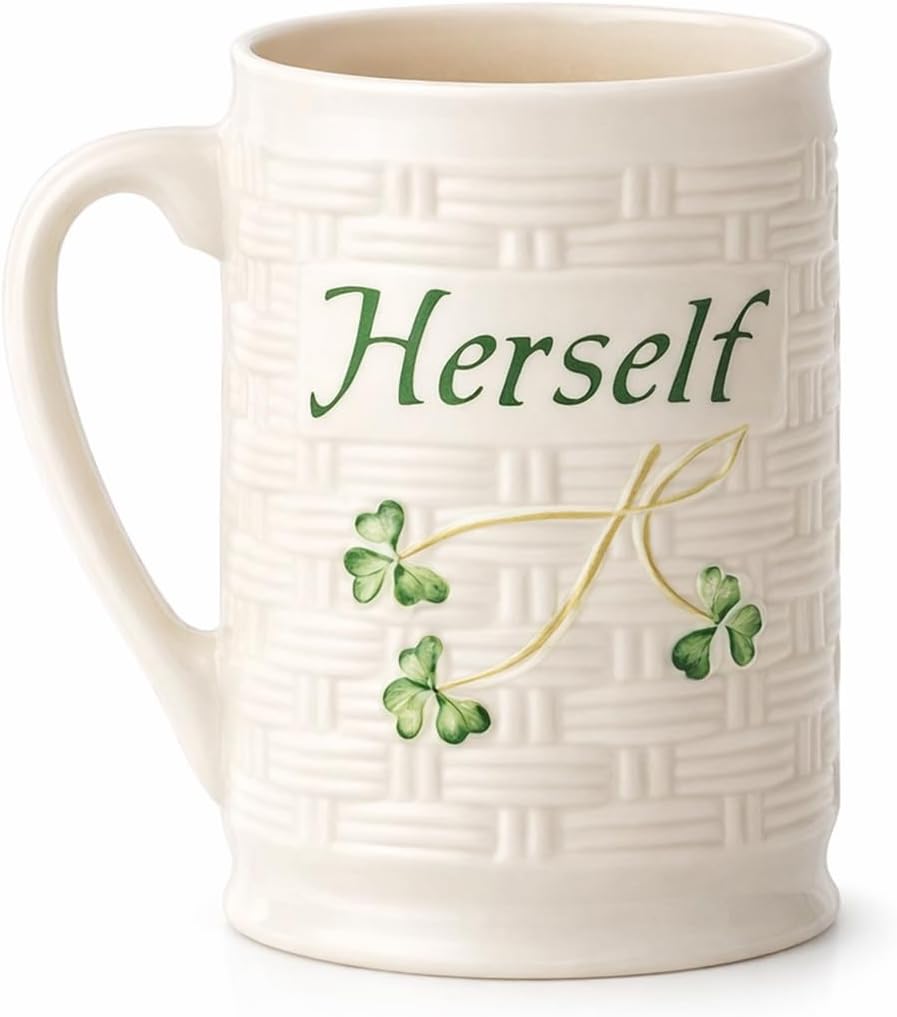 Belleek Herself Irish Coffee Mug - Handcrafted Microwave Safe Ceramic Cup - Fine Parian China Shamrock Decoration, White, 4.3"W x 4.5"H, 12oz