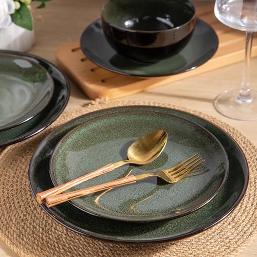 Image of LERATIO Ceramic Dinnerware Sets for 8,Stoneware Plates and Bowls Sets,Handmade Reactive Glaze Dishes Set,Chip Resistant and Scratch Resistant | Oven&Dishwasher & Microwave Safe-Green(24PCS)