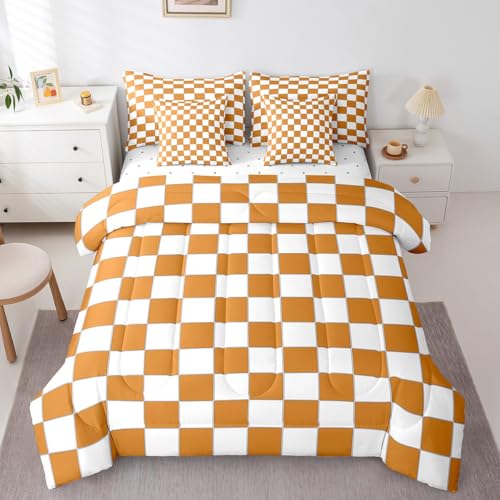 Image of Erosebridal White Orange Checkered Queen Bedding Set 7 Piece Buffalo Plaid Grid Comforter Set with Sheets,Checkerboard Bed in A Bag for Kids Adults Men Women Aesthetics Gingham Bed Set