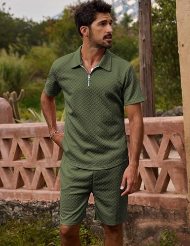 Image of URRU Mens Textured Polo Shirt and Shorts Sets Outfits 2 Piece Summer Tracksuits Casual Quarter Zip Golf Polo Shirts