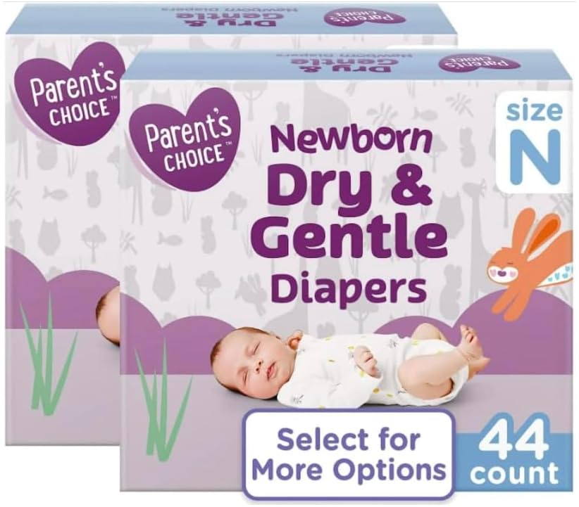 Image of P`arents Choice Dry & Gentle Newborn Diapers, Size NB, 44 Count (Pack of 2) - Ultra-Absorbent & Soft