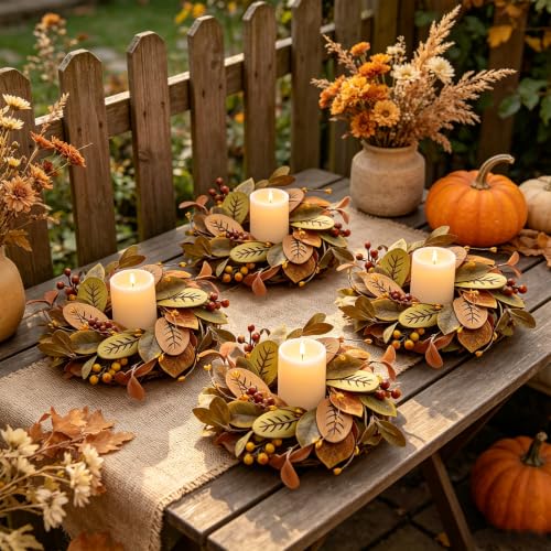 Image of 6 PCS Fall Eucalyptus Candle Ring Wreaths Autumn Wooden Leaves Candle Holder Rings with Berries Mini Thanksgiving Harvest Farmhouse Wreath for Pillar Candle Mantel Cabinet Home Table Centerpiece Decor