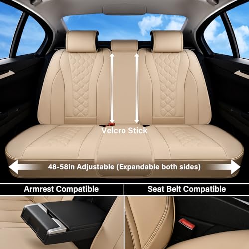Image of Coverado Car Seat Covers, Leather Seat Covers Full Set, Beige Seat Covers, Perforated Diamond Leather Car Seat Cover, Breathable Car Seat Cushion, Waterproof Car Seat Protector Fit for Most Cars