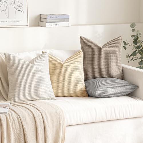 MIULEE Neutral Harmony Decorative Pillow Covers 18x18 Inch Set of 4 Rustic Farmhouse Boho Soft Throw Pillows Corduroy Couch Pillowcases Nordic Home Decor for Sofa Living Room Bed