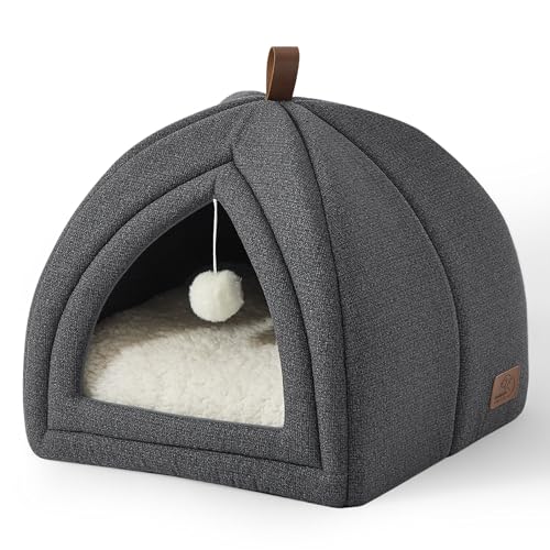 BEDSURE Katzenbett große Katzen Katzenhöhle- 40x40x40 cm Katzenhaus Indoor mit abnehmbarem Sherpa Katzenkissen und hängendem Spielzeug, Katzen Bettchen waschbar, dunkelgrau