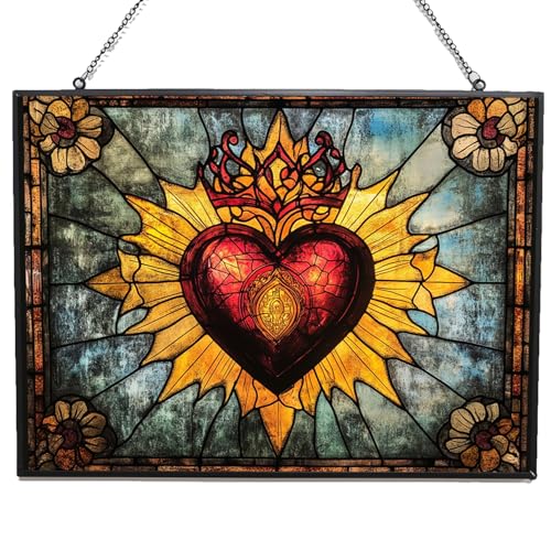 365CUSGIFTS Rectangle Vintage Sacred Heart Stained Glass Sun Catcher, Wall Hanging Colored Decor Room Indoor Window Decor, Halloween, Christmas Hanging Ornament Mother Day