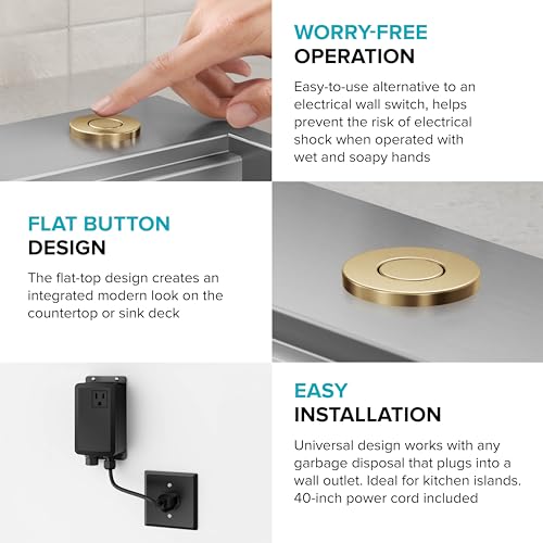 Image of KRAUS Garbage Disposal Air Switch Kit with 2 Flat-Top Push Buttons in in Spot-Free Stainless Steel and Brushed Brass, AC Adapter, Power Cord, and Air Tube Included, KWDA-200BB