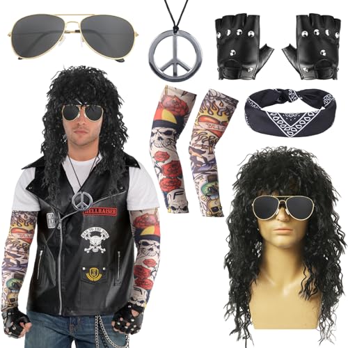 8 Pcs Rocker kostüm Herren 70er 80er 90er Jahre Outfit Punk Disco Rave mit Vokuhila Perücke Stirnband Sonnenbrille Handschuhen Tattoo Ärmeln Peace & Love Halsketten Faschingskostüme Männer