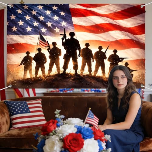 Image of IVN Patriotic Soldier Banner 71x43 Inch American Flag Military Troops 4th
