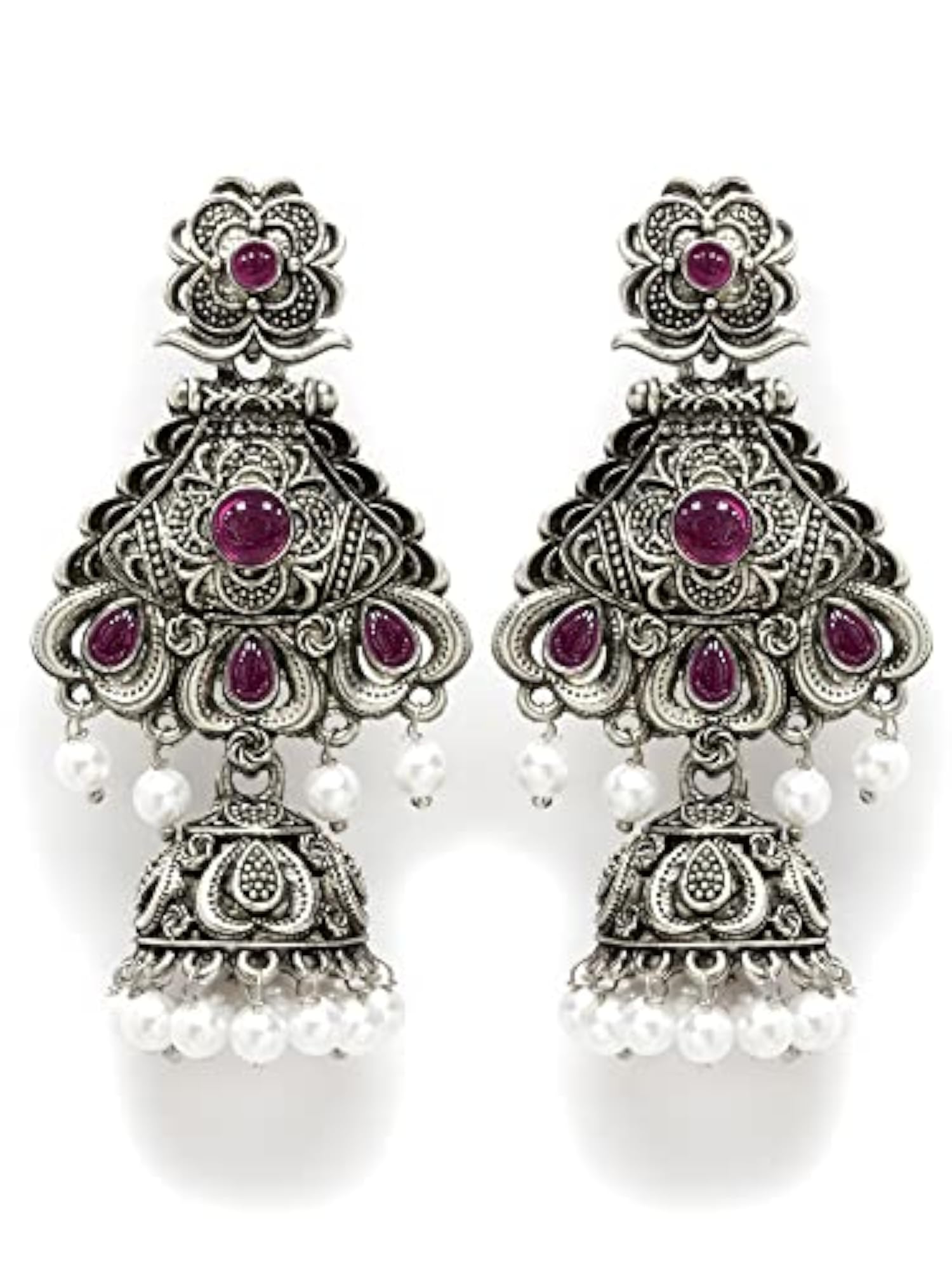 Oxidised Silver Stone Studded Dangler Jhumki Earrings