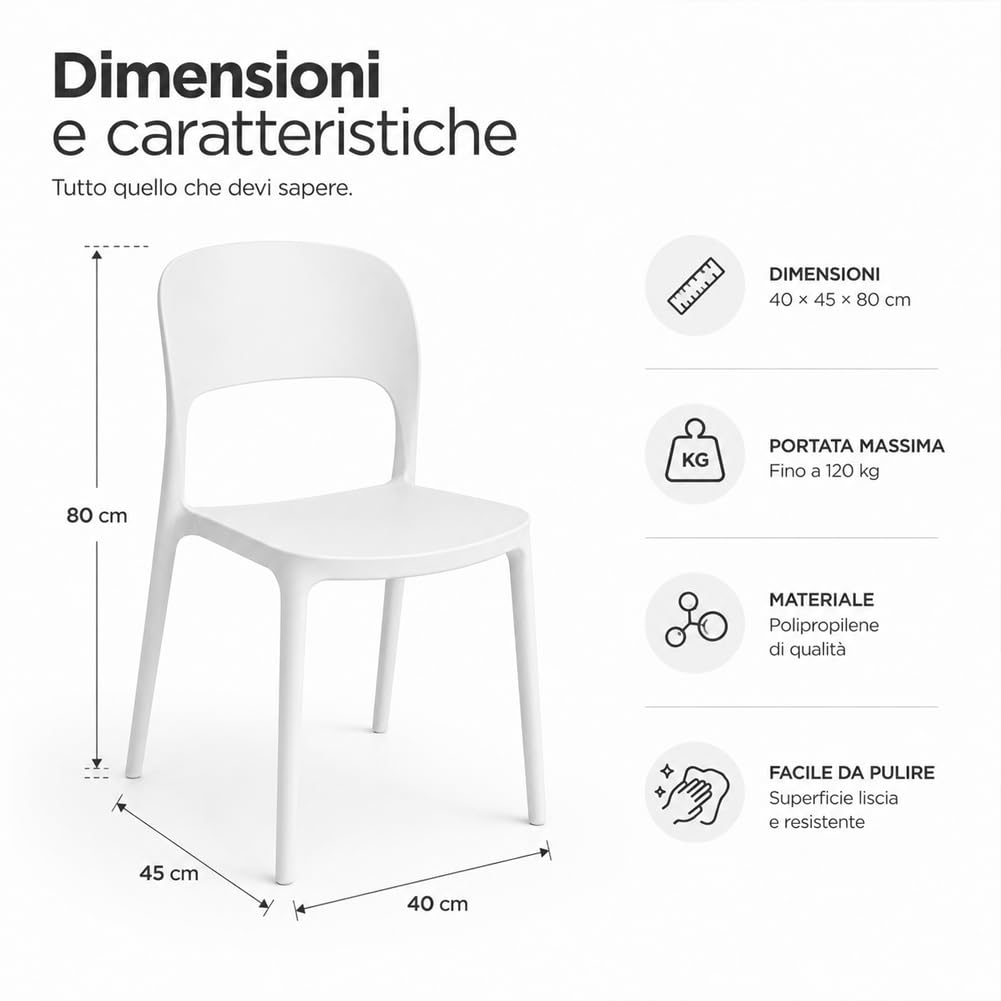 BAKAJI Set 4 Sedie da Pranzo Impilabili Salvaspazio Modello Stoccolma, Struttura Resistente Polipropilene, Seduta Ergonomica Ideale per Interno, Esterno, Casa, Giardino, Ristorante, Bar, 40x45x80 cm