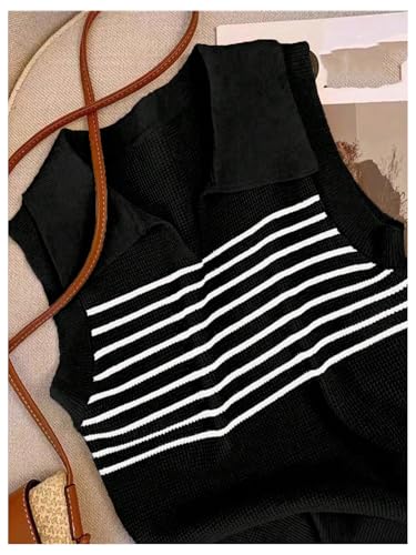 Verdusa Women's Old Money Striped Sweater Vest Tops Elegant Sleeveless Collared Fall Knit Top4