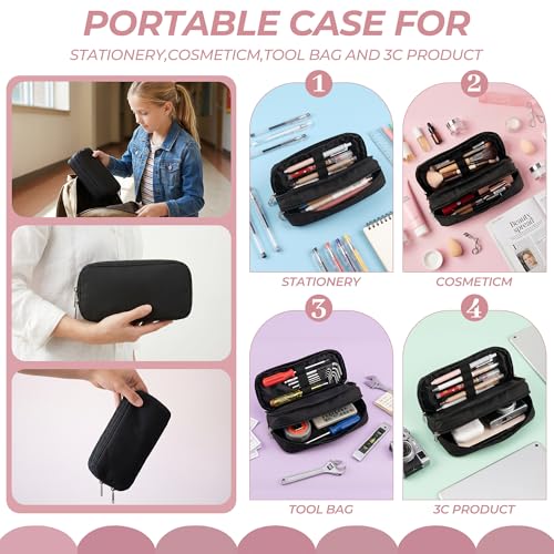 Image of Della Gao Large Pencil Case, Big Capacity Pencil Pouch with 2 Compartments, Office Pencil Bag with Zipper, Big Pen Case for Adults (01-Black)