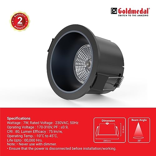 Image of Goldmedal Orchid 7W Black COB Round LED Spotlight |Compact Design Ceiling Light for Cabinets & Wardrobes | with 38 Beam Angle | Spotlight for Home & Display | Energy-Efficient |Warm White(3000K)