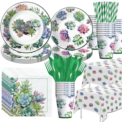 Xigejob Succulent Party Decorations Tableware - Succulent Party Supplies Dinnerware For Birthday & Baby Shower & Wedding & Bridal Shower, Paper Plate, Cup, Napkin, Tablecloth, Cutlery Straw | Serve 24