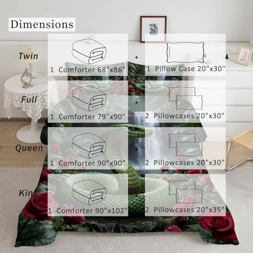 Image of Tropical Snake Comforter Set Full Size Red Roses Jungle Waterfall Wildlife Bedding Sets for Girls Boys Kids Adults Bedroom Decor Snake Lover Quilt 1 Comforter 2 Pillowcases