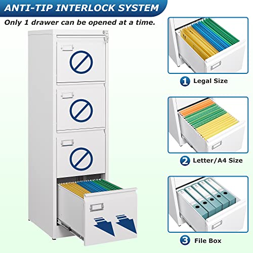 Afaif 4 Drawer File Cabinet With Lock, File Cabinets For Home Office,18" Deep Vertical Metal White File Cabinet Office Storage Cabinet Organizer For Letter/Legal / A4 / F4 Size, And File Folders #TOP1