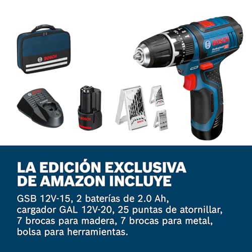 Bosch Professional 12V System taladro percusión batería GSB 12V-15 (Ø broca madera máx.: 19 mm, incl. 2 baterías 2.0Ah+cargador, 2 sets brocas, 1 set puntas, bolsa herramientas) - Set exclusivo Amazon - imagen 5