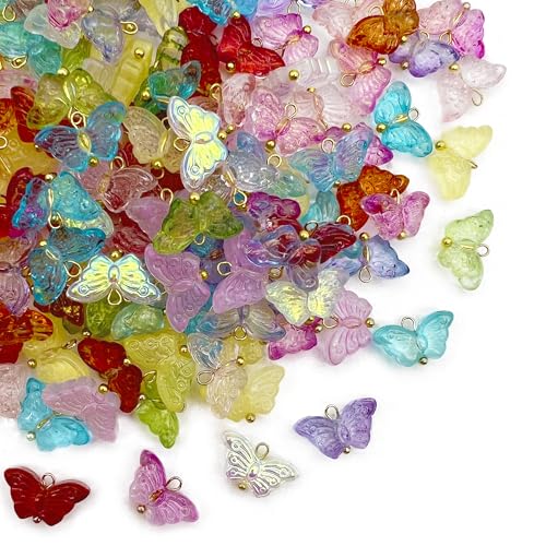 Boranran 50pcs Butterfly Glass Pendant Charms Translucent Multicolor Theme Drops (10x15mm)