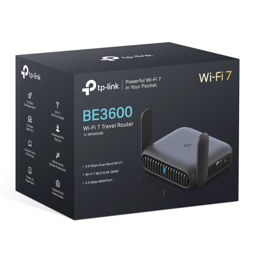 TP-Link TL-WR3602BE Wi-Fi 7 router podróżny, BE3600 Dual-Band WLAN, 2,5 Gb/s WAN, Gigabit LAN, USB 3.0, 7 trybów, OpenVPN/WireGuard, zasilanie powerbankiem, WPA3